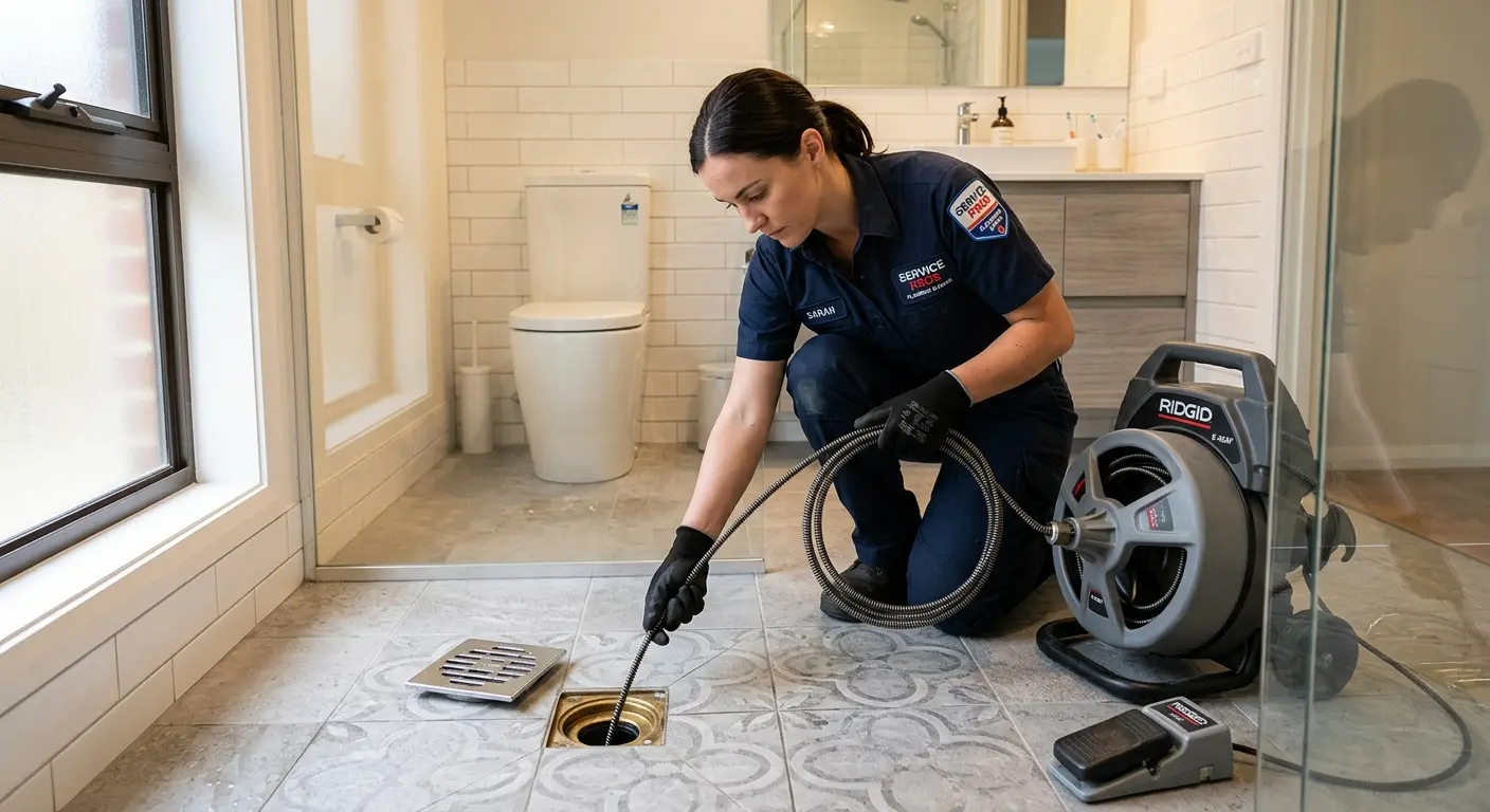 Technician clearing a bathroom floor drain for Hydro Jetting in Bloomingdale